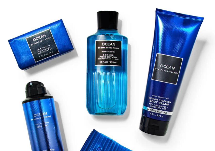 Various packaging and bottle designs for Bath and Body Works' 2024 Deep Ocean Fragrance collection.