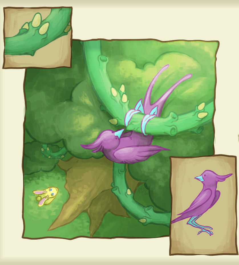 Artwork for swing birds, an original species that appears in my virtual world, Faraway.